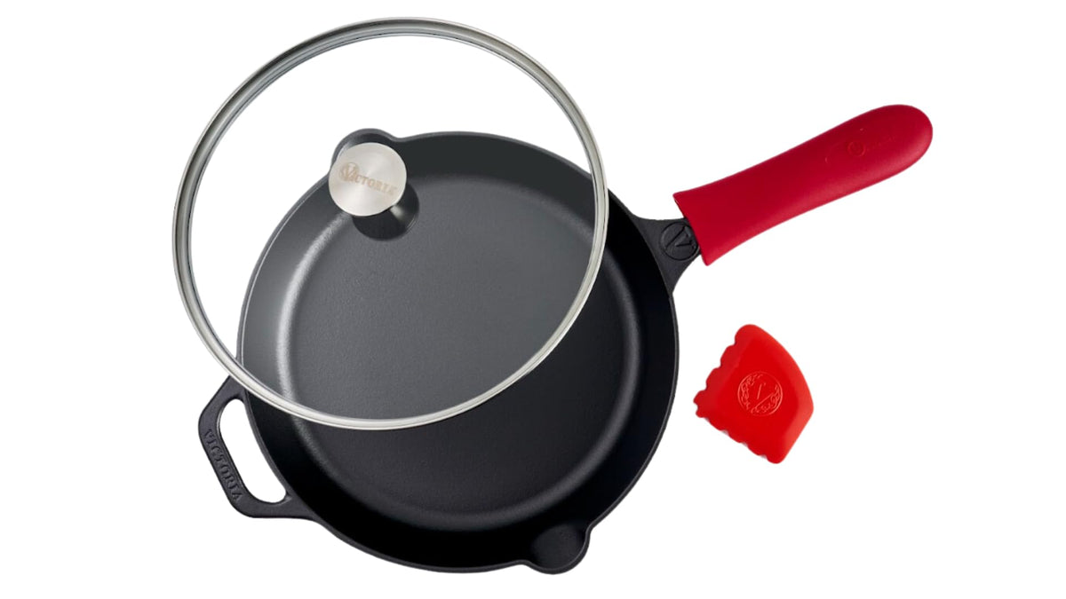 Victoria 12-Inch Cast Iron Skillet Set With Tempered Glass Lid, Large Handle Cover, And Pan Scraper
