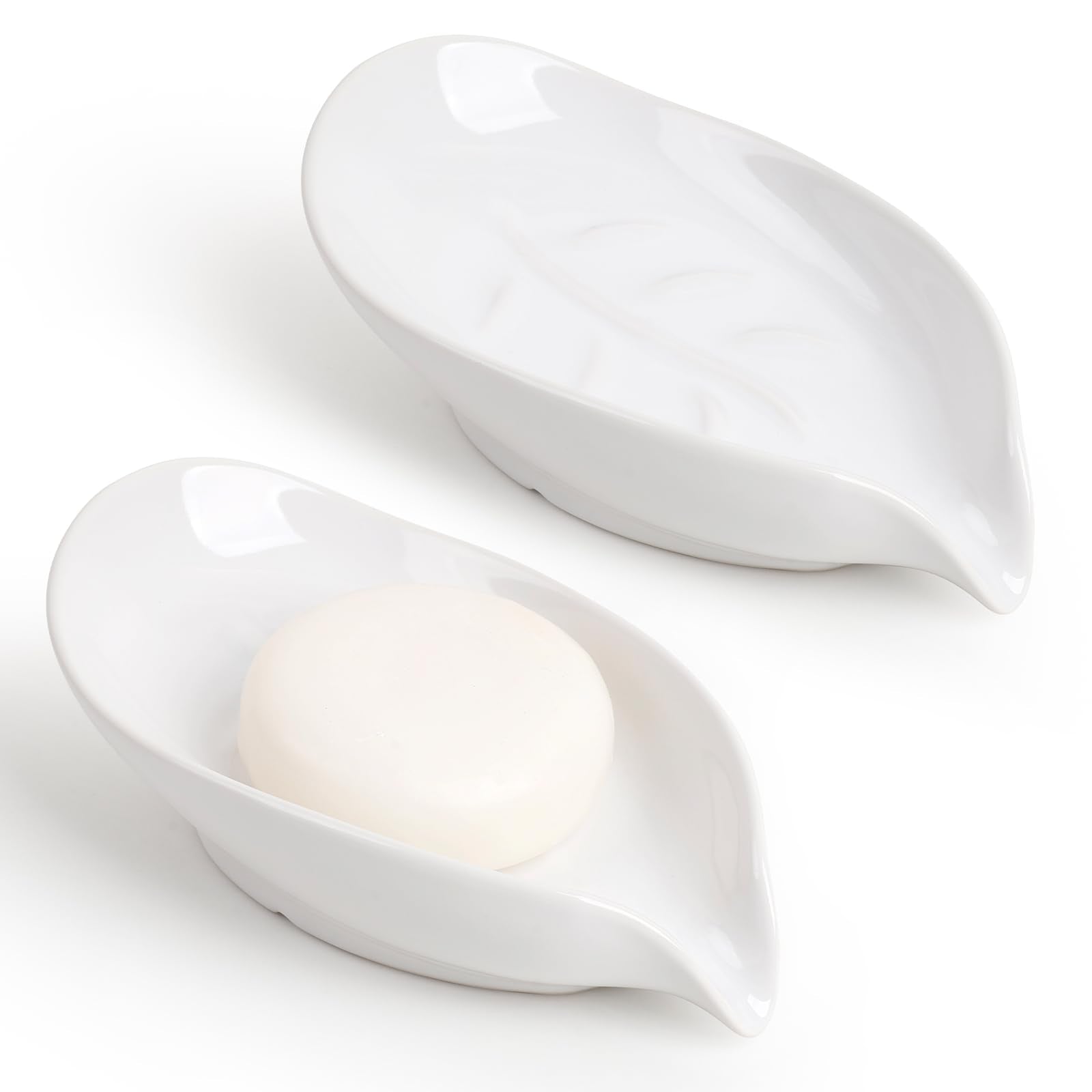 Soap Dish 2PCS, Self-Draining Bar Soap Holder, Leaf Shape Ceramic Drain Soap Dishes for Bathroom Kitchen, Easy to Clean Keeps So