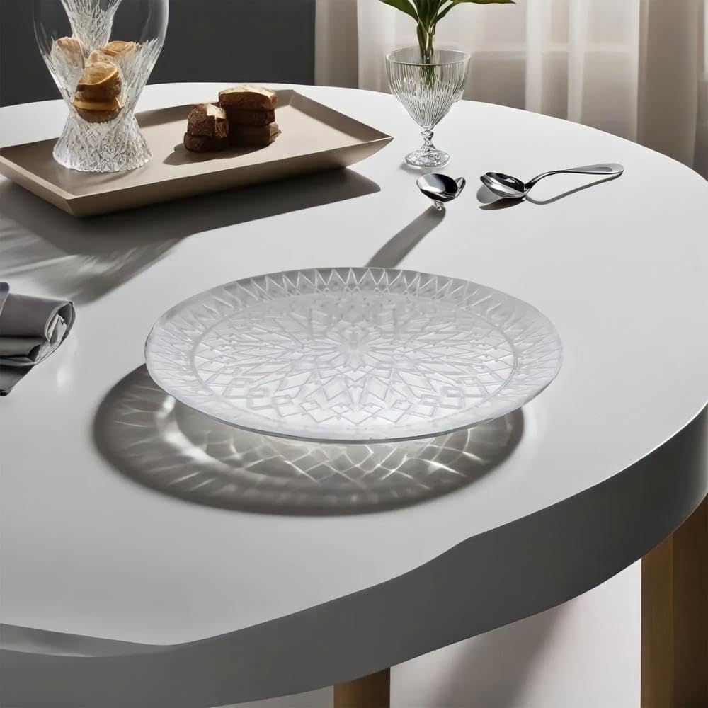 Maryland Clear Round Designed Crystal Cut Plastic Tray - 13'' (1 Pc.) - Reusable Serving Platter & Plastic Food Tray - Perfect P