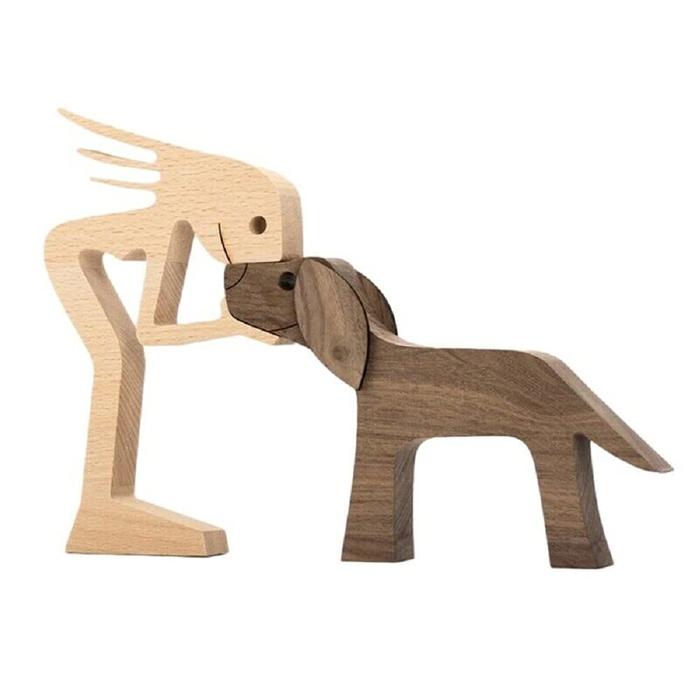 FHTDW Unique Gift Hand Carved Wood Dog Human Statue Figurine Sculpture Home Office D  cor, Wooden Man Dog Carving Model to Remem