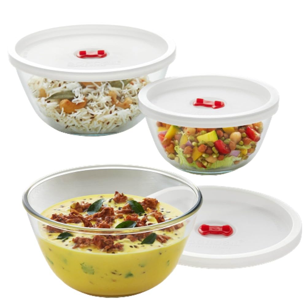 Borosil Glass Serving & Mixing Bowls With Lids, Oven & Microwave Safe Bowls, Set of 3 (500 ml + 900 ml + 1.3 L), Borosilicate Gl
