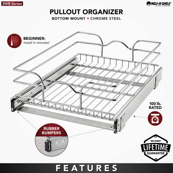 Rev-A-Shelf Kitchen Cabinet Pullout Shelf And Drawer Organizer Slide Out Pantry Storage Basket In Multiple Sizes, 15 X 20 In, 5W