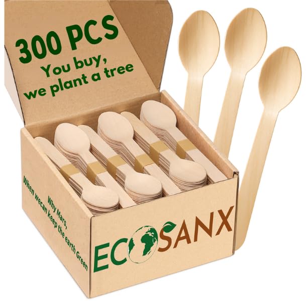 ECOSANX 300 PCs Wooden spoons for eating, 6.5 Splinter Free small disposable spoons, Eco-Friendly, 100% All-Natural Compostable 