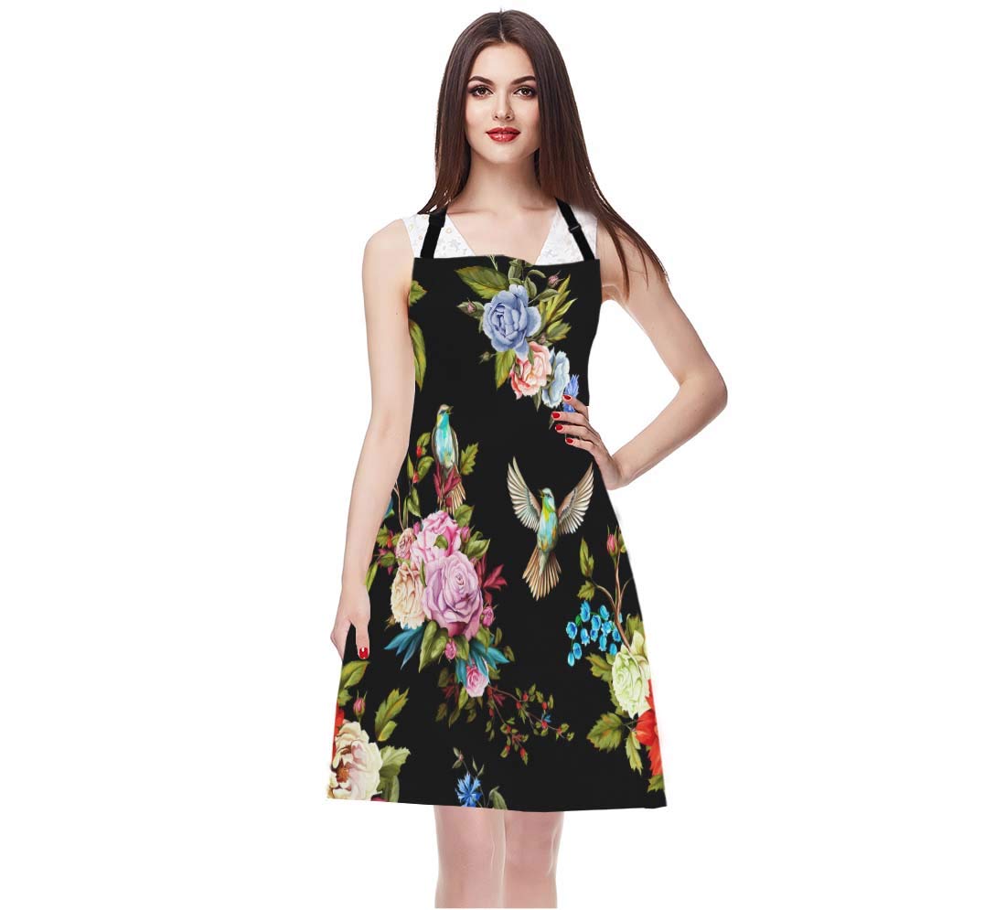 Ekobla Flower Aprons Wild Flowers Peony Roses Lily Nightingale Cornflower Black Background Waterproof Resistant Chef Cooking Kit