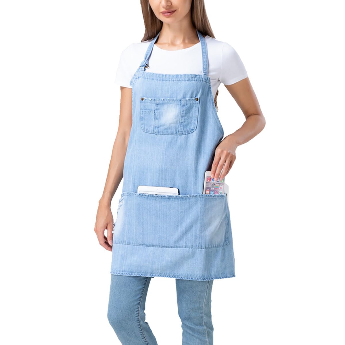 Jowcud Denim Apron With 5 Pockets For Cooking Kitchens,Hairstylist Aprons For Women Men,Adjustable Bib Jean Apron For Arts Garde