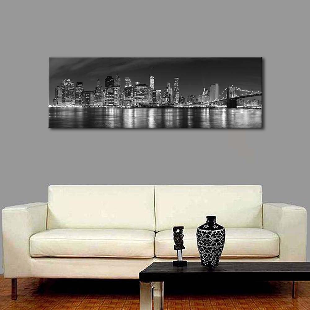 Wieco Art New York Manhattan Night View In Black And White Giclee Canvas Prints Modern Stretched And Framed Art Work Cityscape P