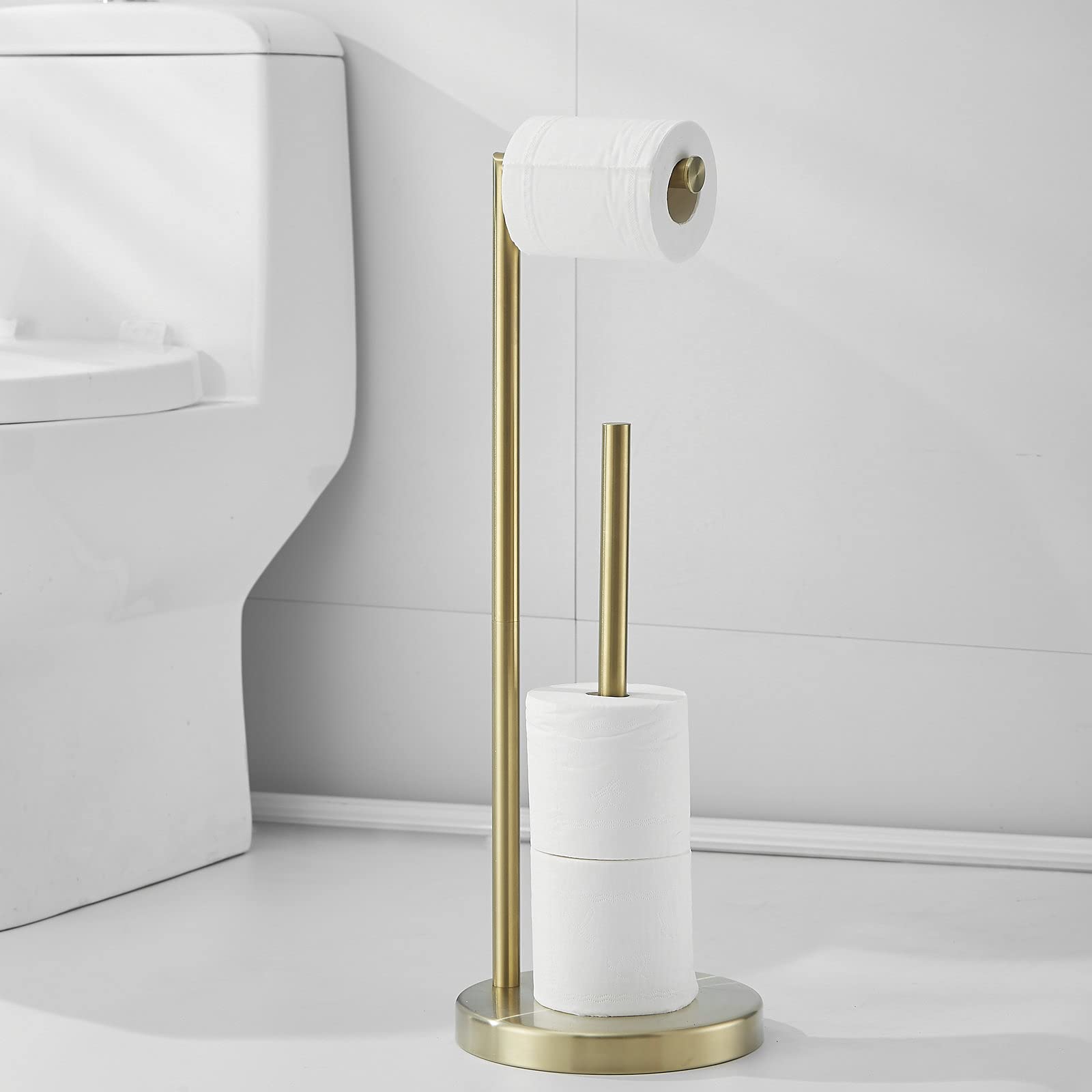 Free Standing Toilet Paper Roll Holder Stand With Reserve, Gold Brushed