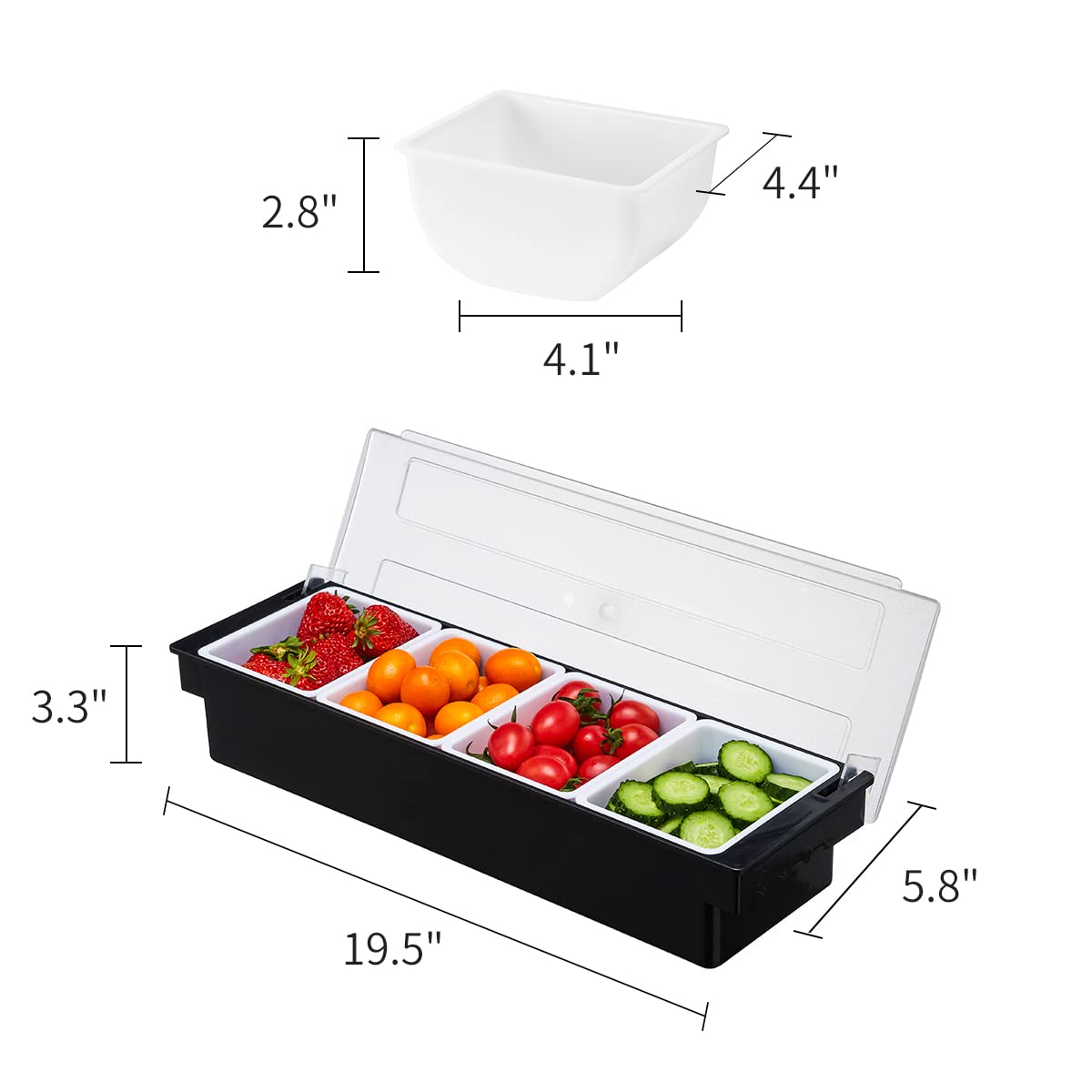 Mukeen Ice Cooled Condiment Serving Container-4 Compartment Chilled Garnish Tray Bar Caddy With Hinged Lid (4 Compartments)