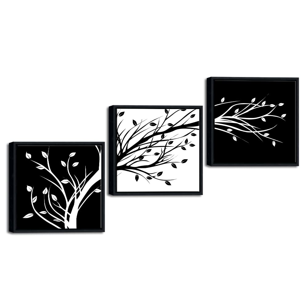 Wieco Art Framed Leaves Modern 3 Panels Flowers Artwork Canvas Prints Black And White Abstract Floral Trees Pictures Paintings O