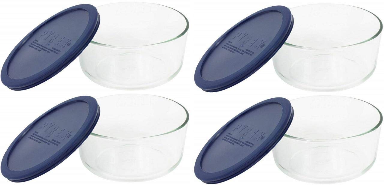 Pyrex Storage 4-Cup Round Dish With Dark Blue Plastic Cover, Clear (Pack Of 4 Containers)