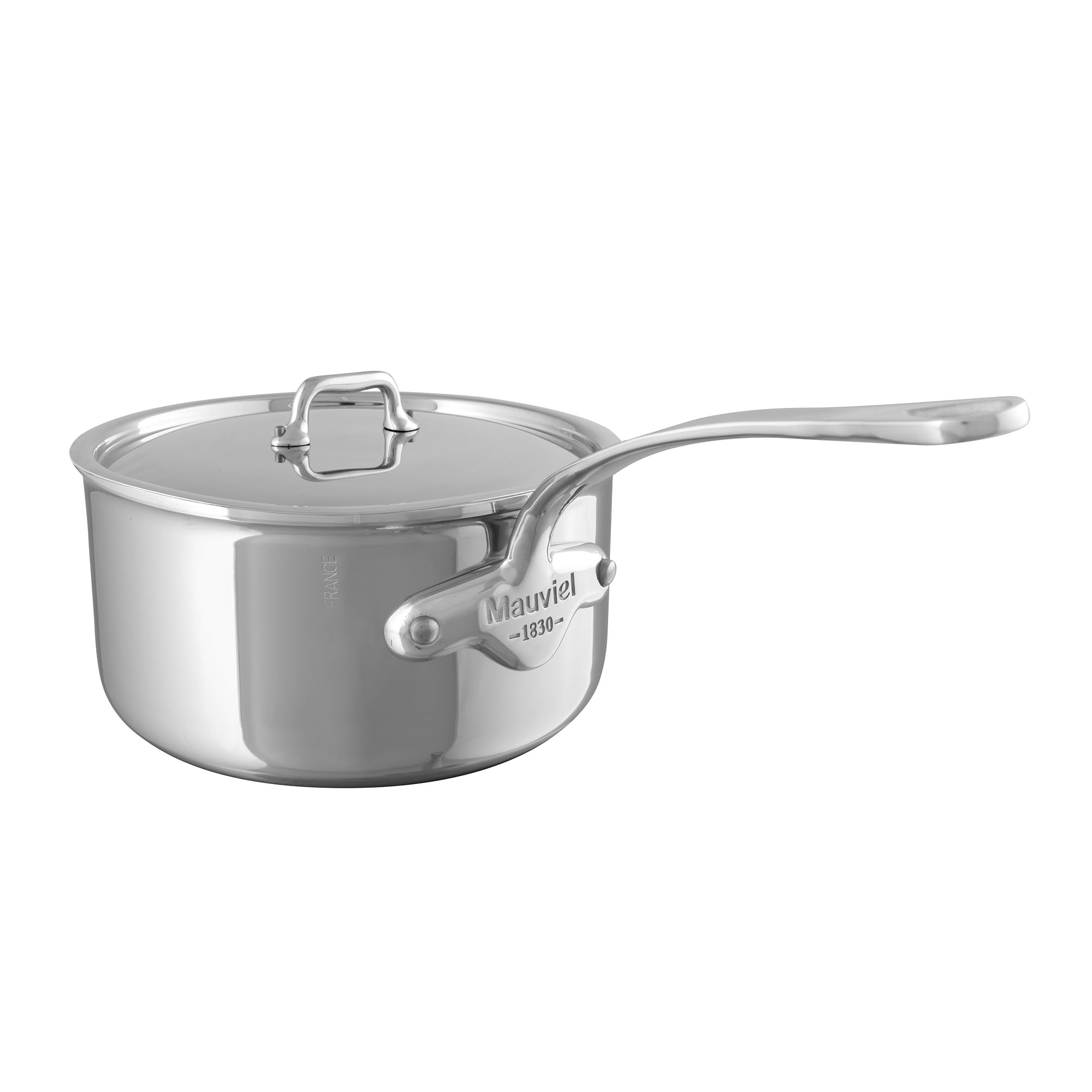 Mauviel MUrban 4 TriPly Polished Stainless Steel Sauce Pan With Lid And Cast Stainless Steel Handle, 1.8Qt, Made In France