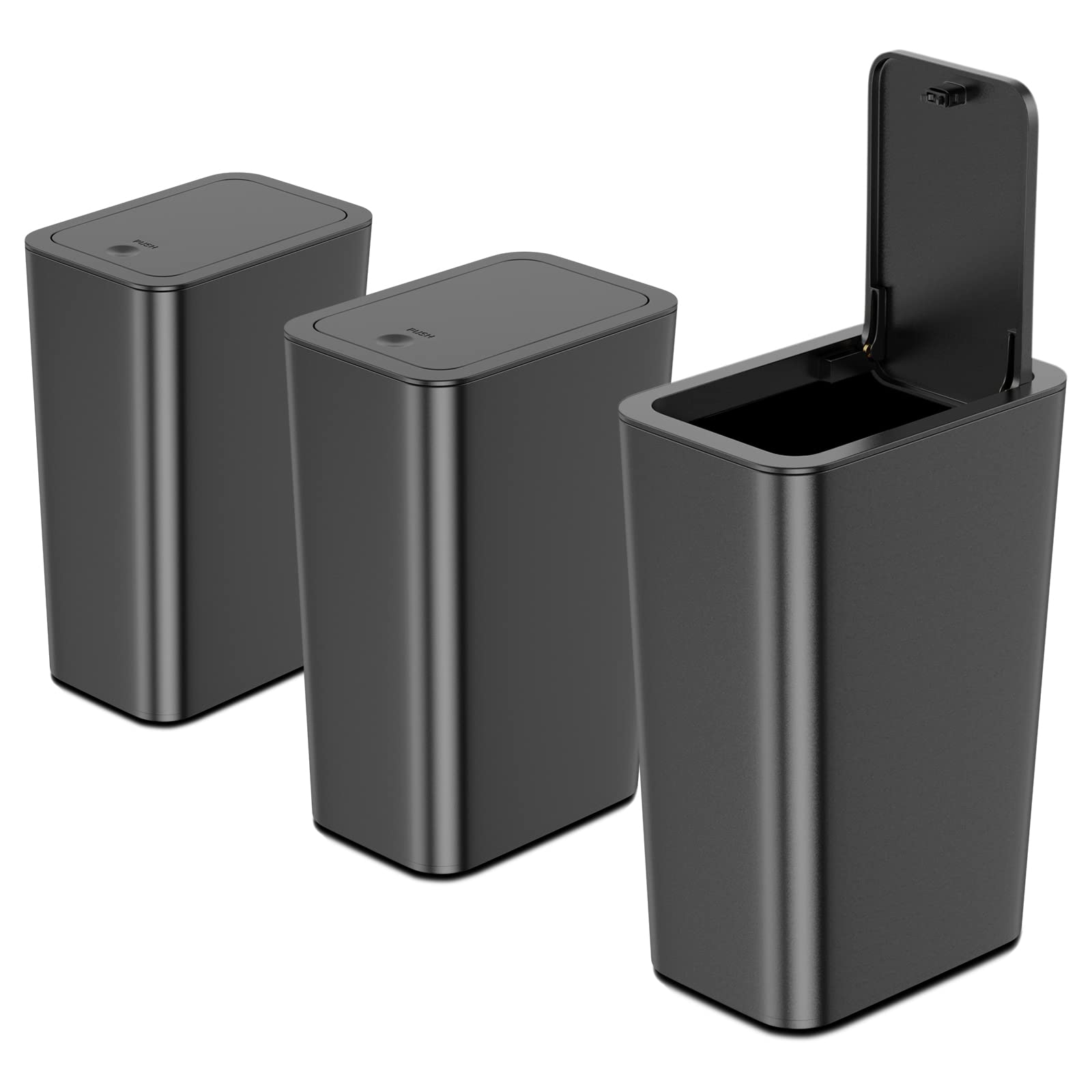 N. Netdot 3 Pack 10 L/2.6 Gal Bathroom Trash Can With Lid, Small Kitchen Trash Can With Press Type Lid, Black Trash Can/Slim Gar