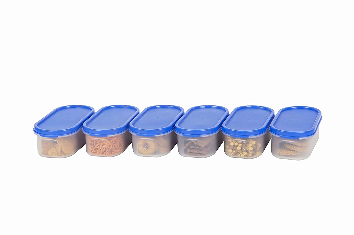 Simparte 525Ml Oval Modular Plastic Container Set Of 6 Bpa-Free Airtight Stackable Kitchen Storage Boxes With Blue Lids Food Gra