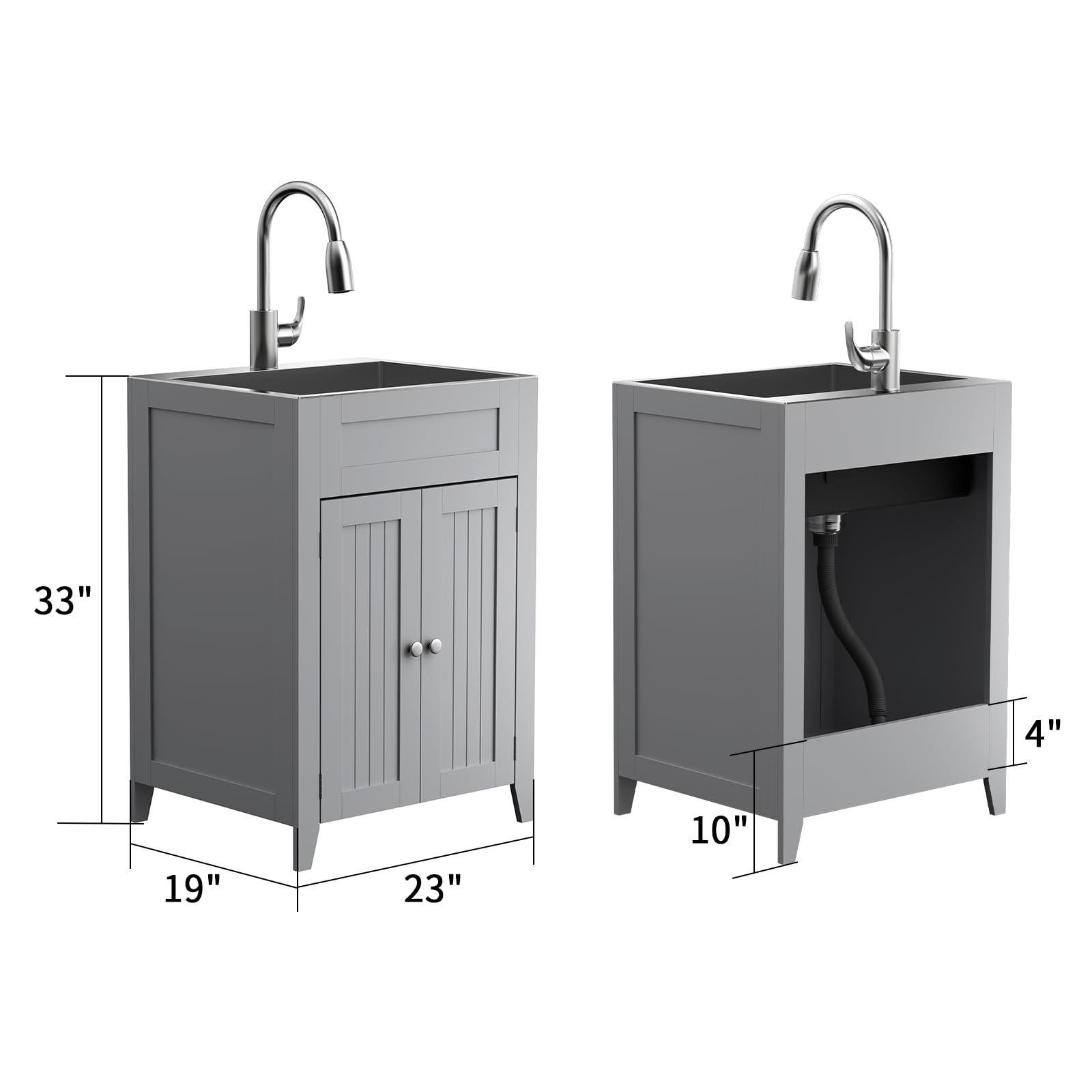 Vingli 24-Inch Laundry Sink With Cabinet And Pull-Out Sprayer Faucet, Stainless Steel Utility Sink With Cabinet, Grey Cabinet Wi
