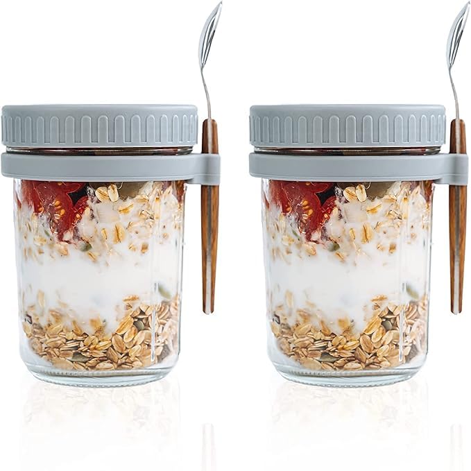 Gretzomall Glass Mason Jars With Lid And Spoon For Overnight Oats Leak Proof Oatmeal Container Great For Cereal Fruit Vegetable 