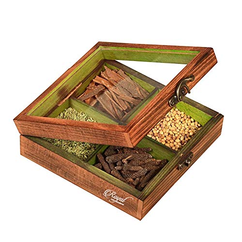 Royal Craft International Spice Box Wooden Masala Dabba Handmade Four Partition With Spoon & Glass On Top Inside Colorfull Green