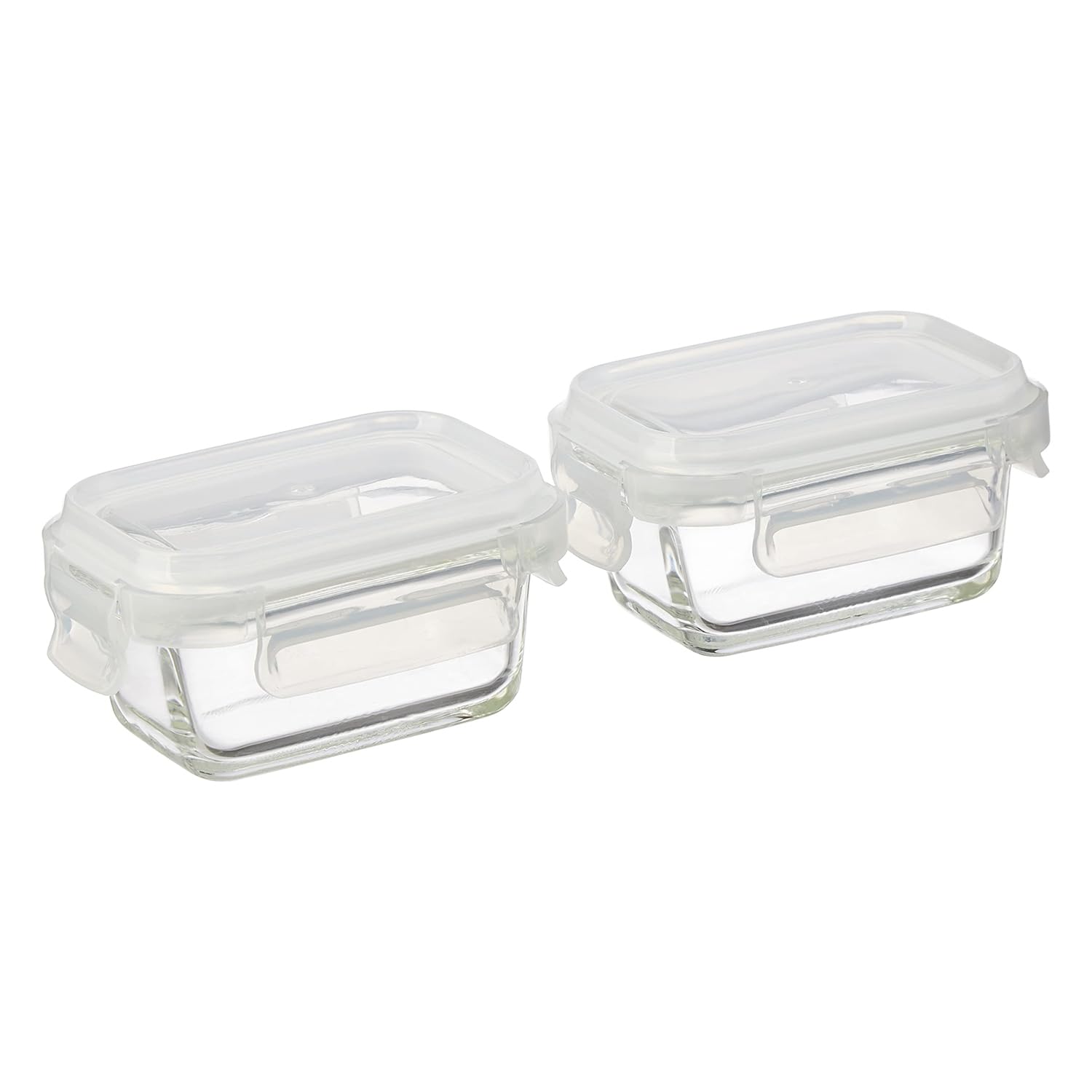 Amazon Brand  Solimo Glass Containers With Lock For Kitchen/Tiffin | Set Of 2 | Square | 140 Ml Each | Transparent| 11.7 X 8.5 