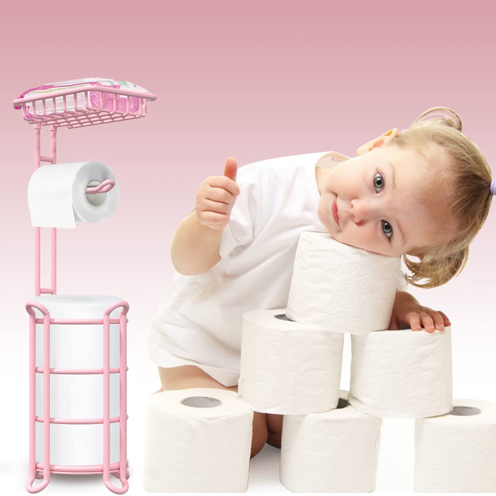 Pink Toilet Paper Holder Stand Tissue Holder for Bathroom Floor Standing Toilet Roll Dispenser Storage 4 Reserve Mega Rolls  Phone  Wipes