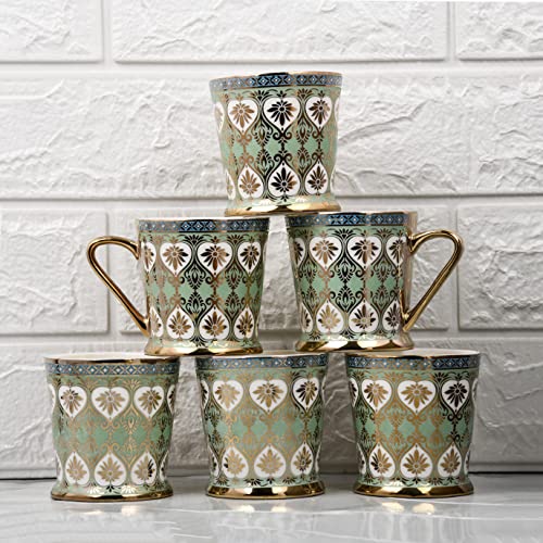 Femora Golden Leaves Pattern Golden Tea Mugs, Ceramic Tea Cups, Coffee Mugs (160 Ml, Gold) - 6 Pcs Set (Not Microwave Safe)