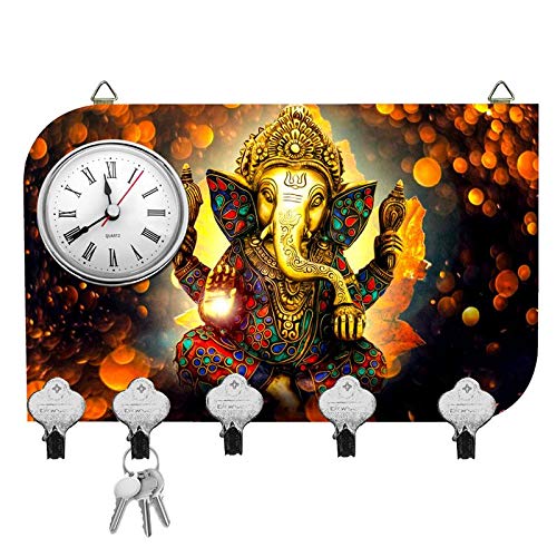 KARTIK Fancy Key Holder with Clock  Wall Mounted Fancy Key Holder/15 x 21 x .5 cm Multi Color Matte Finish Key Holders with Clo