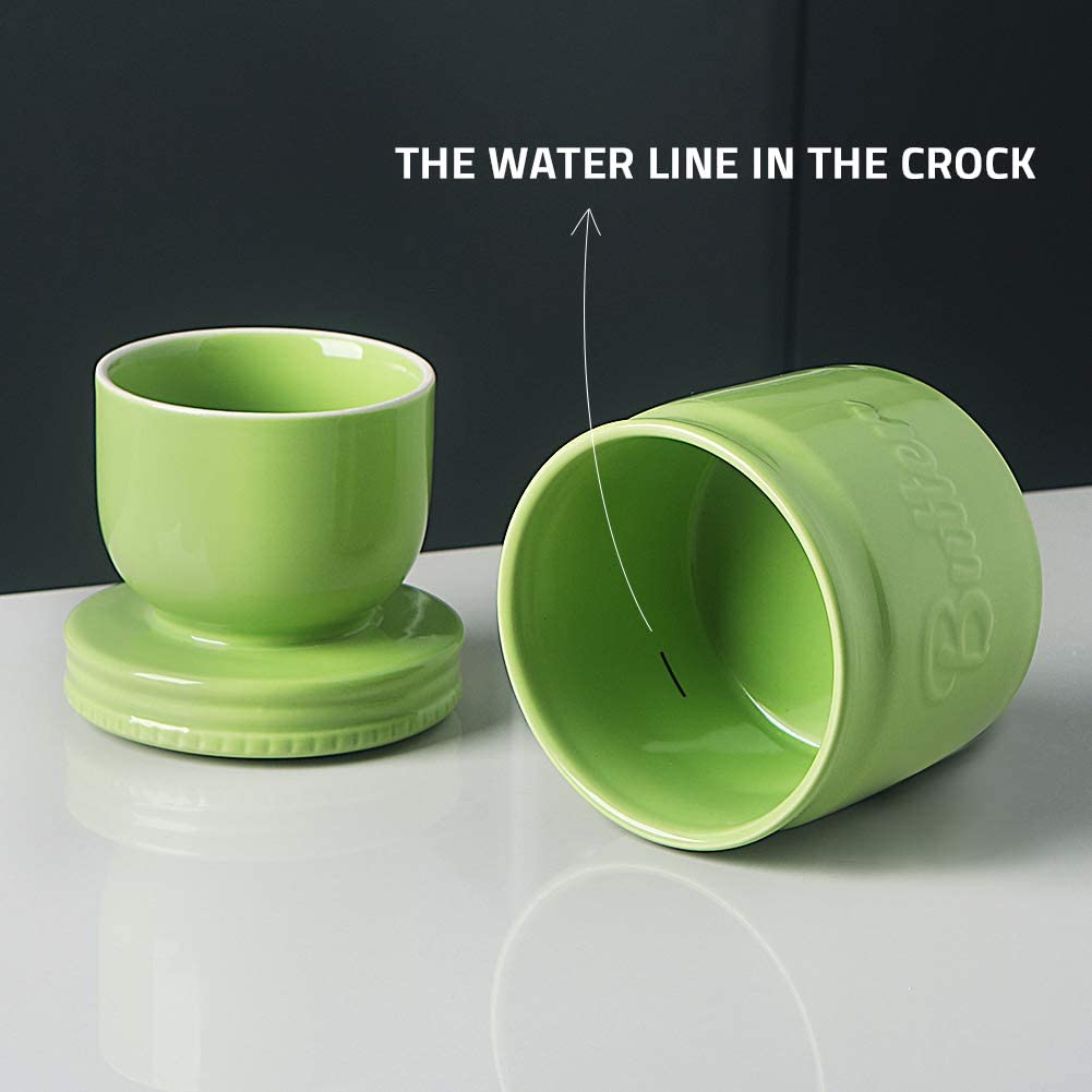 Sweejar Porcelain Butter Keeper Crock - Green Ceramic French Butter Dish with Water Line for Soft Butter