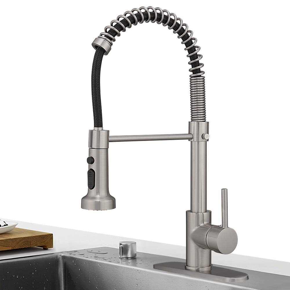 Hoimpro High Arc Brushed Nickel Spring Kitchen Faucet With Pull Down Sprayer, Rv Kitchen Sink Faucet With Black Pull Out Sprayer