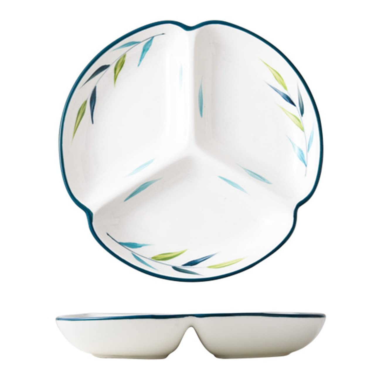 Bicuzat 1 Pcs Ceramic Portion Control Plate Divided Plate Dessert Dish Salad Plate Dinner Plate-8 Inch-Leaves