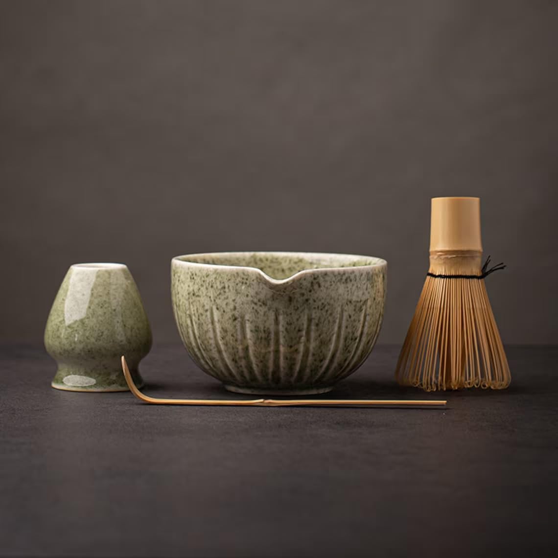 Tang Pin Matcha Set - Match Bowl With Spout And Whisk, 15 Oz, Matcha Scoop | Matcha Whisk Stand (Chasen Holder) - 4Pc Perfect Ma