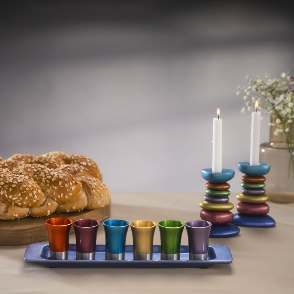 Yair Emanual Set Of 6 Small Kiddush Goblets Cups With Tray Aluminum Multicolor Judaica (Gs-6A)
