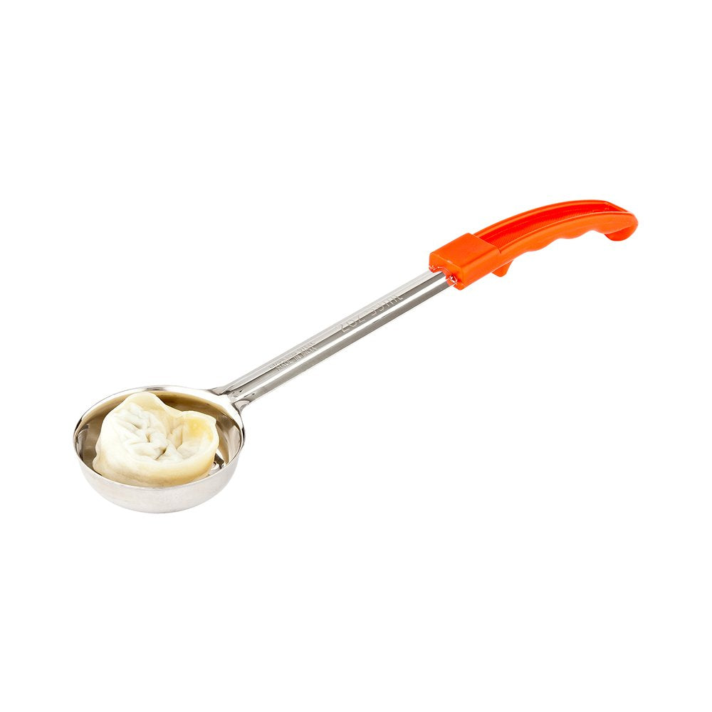 Restaurantware Met Lux 2 Ounce Portion Ladle 1 Perforated Portion Serving Spoon - Red Handle Dishwashable Stainless Steel Slotte