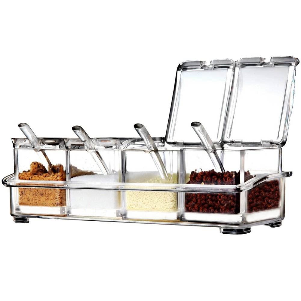 Loyuyu Seasoning Box, Seasoning Rack Spice Pots, Storage Container Condiment Jars, 4 Piece Clear Acrylic Cruet With Cover And Sp