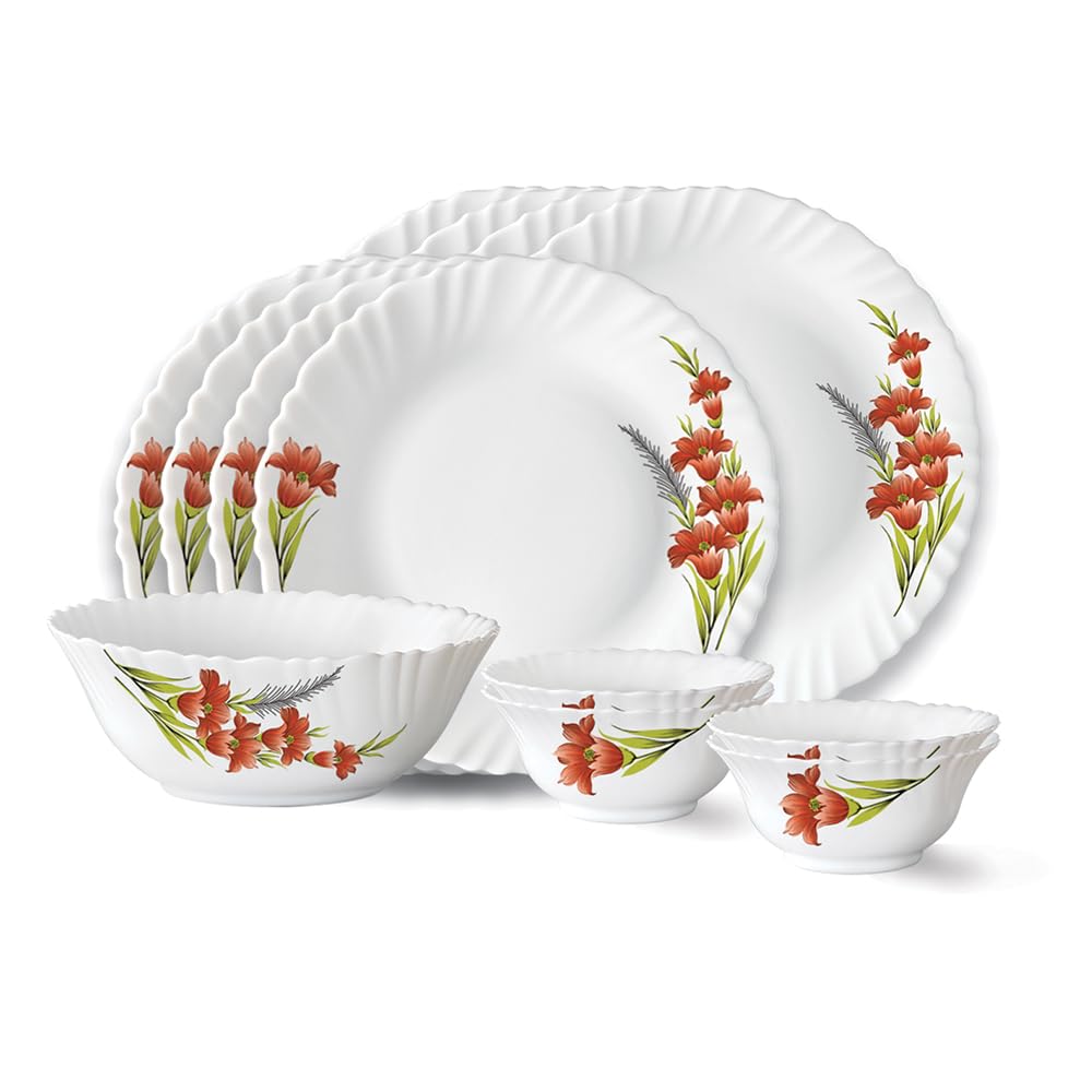 Larah By Borosil Red Iris Fluted Series Opalware Dinner Set | 13 Pieces For Family Of 4 | Microwave & Dishwasher Safe | BoneAsh