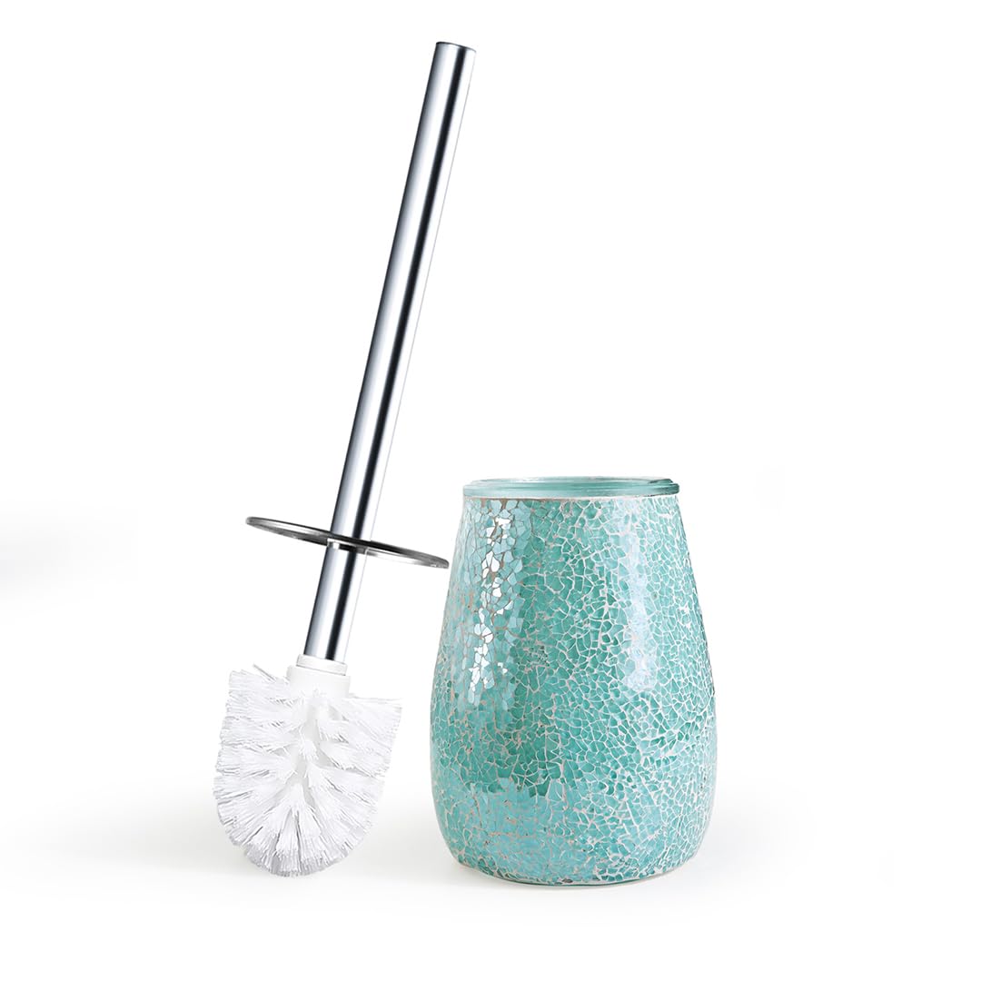 Escenzy Turquoise Green Toilet Brush And Holder Set Mosaic Glass | Non-Rustic Stainless Steel | Practical & Decorative Toilet Bo