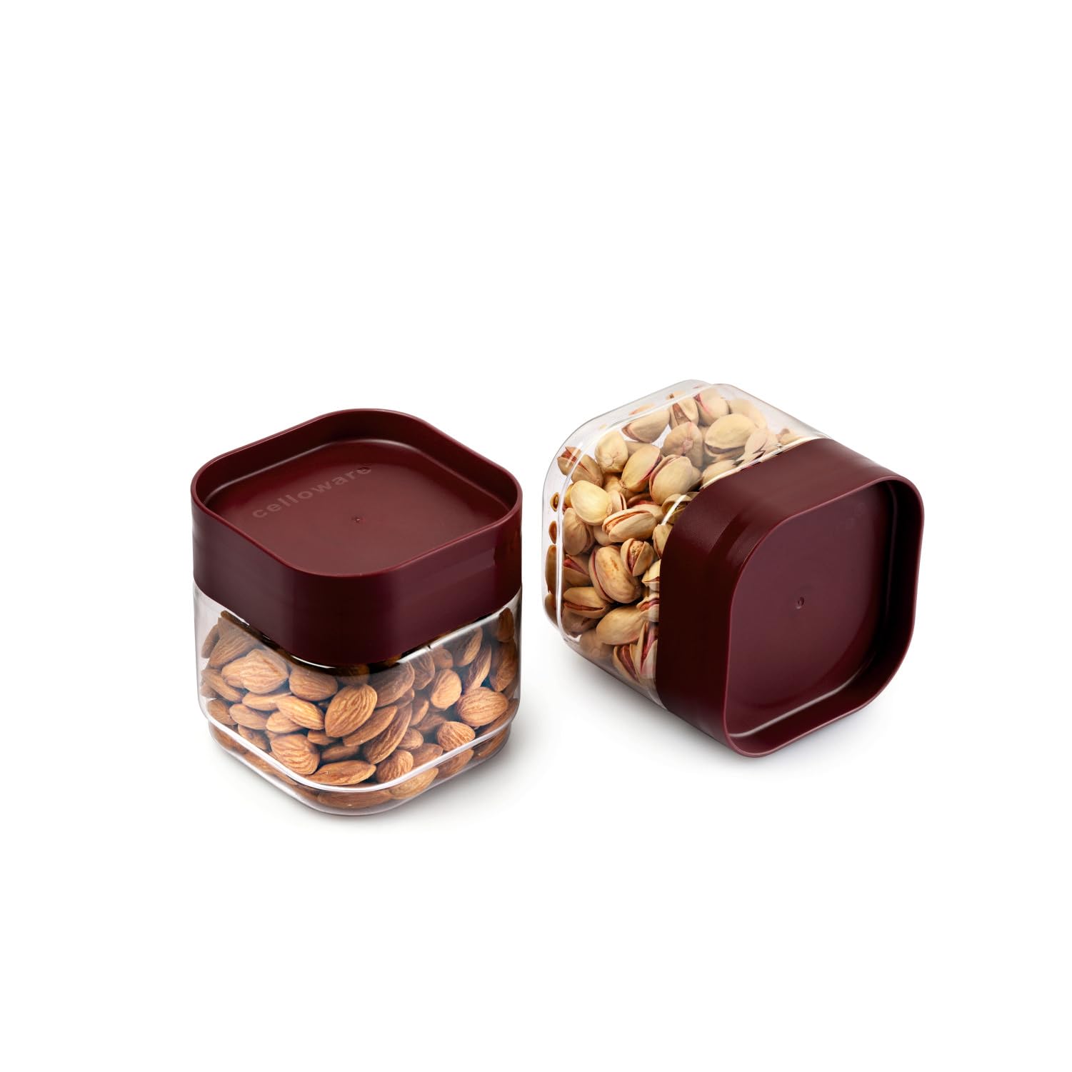 Cello Modustack Square Containers Set Of 2 (500Ml X 2), Maroon | Stackable | For Grains, Pulses, Spice, Cereals, Cookies, Dry Fr