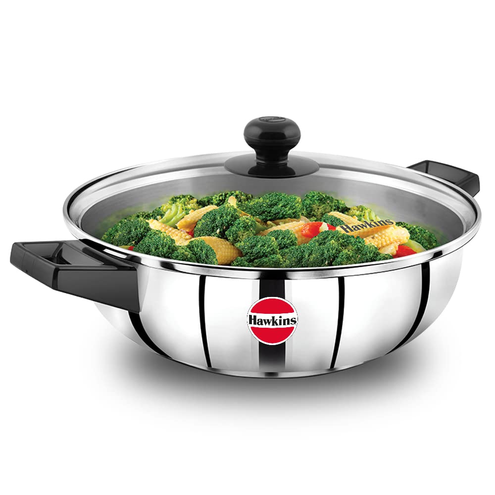 Hawkins 3 Litre Cook N Serve Frying Pan, Stainless Steel Fry Pan With Glass Lid, Induction Frying Pan, Frypan For Cooking And Se