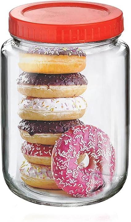 Gipibox Glass Round Shape Transparent Glass Jars & Containers For Kitchen Storage With Red Color Plastic Lid (Set Of 2) (1000Ml 