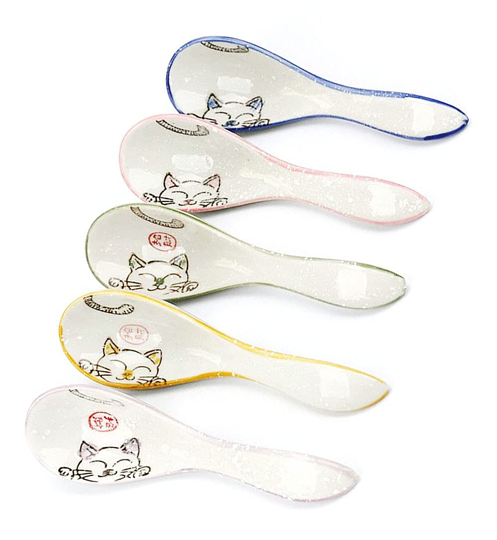 Mozacona 5Pcs Ceramic Soup Spoons Lucky Cat Hand Painted Dessert Spoons