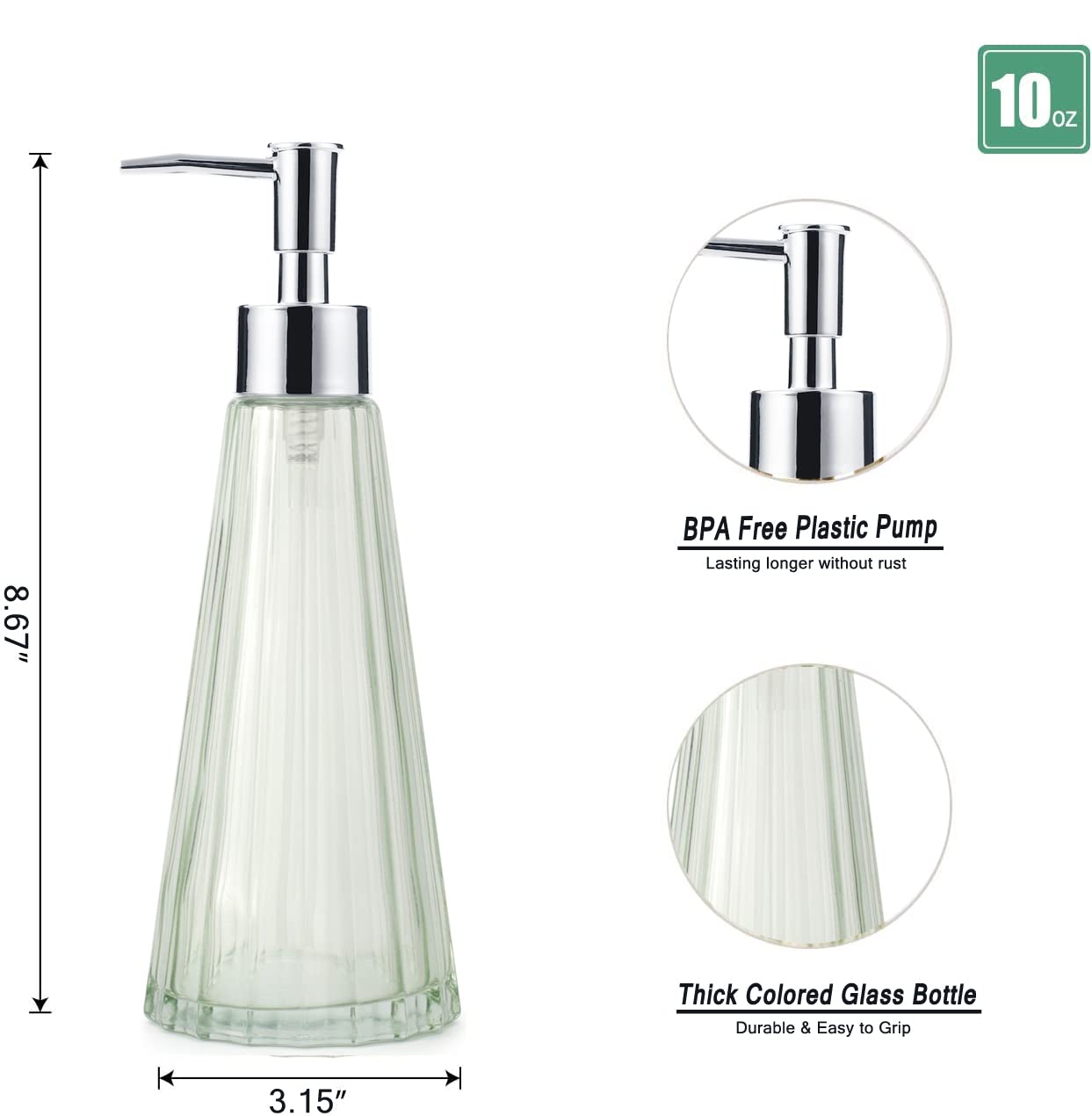 Ivailex 10Oz/300Ml Hand Soap Dispenser Bathroom, Kitchen Soap Dispenser, Glass Soap Dispenser With Silver Rust Proof Pump, Liqui