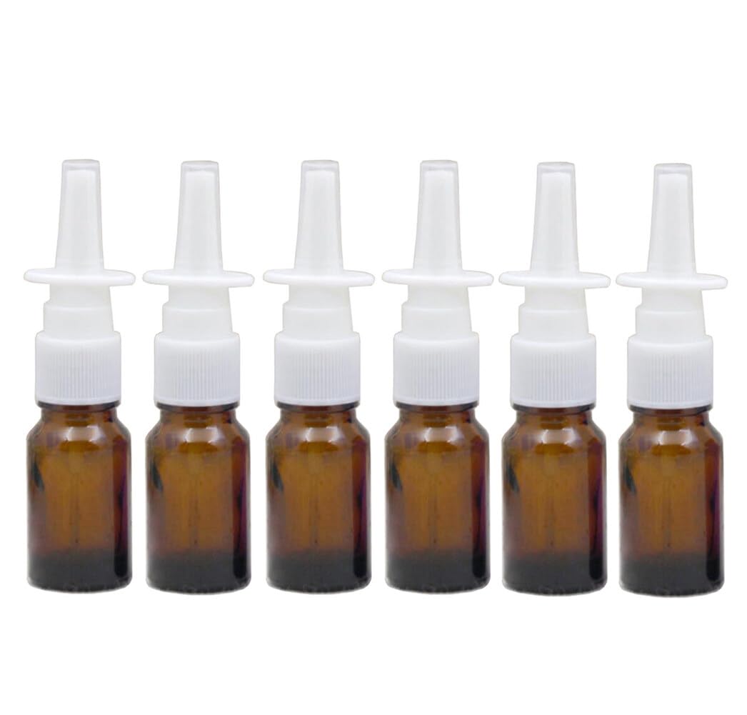6 Pcs 10Ml 0.34Oz Empty Refillable Brown Glass Nasal Spray Bottle Portable White Sprayer Straight Nozzle Sample Storage Containe