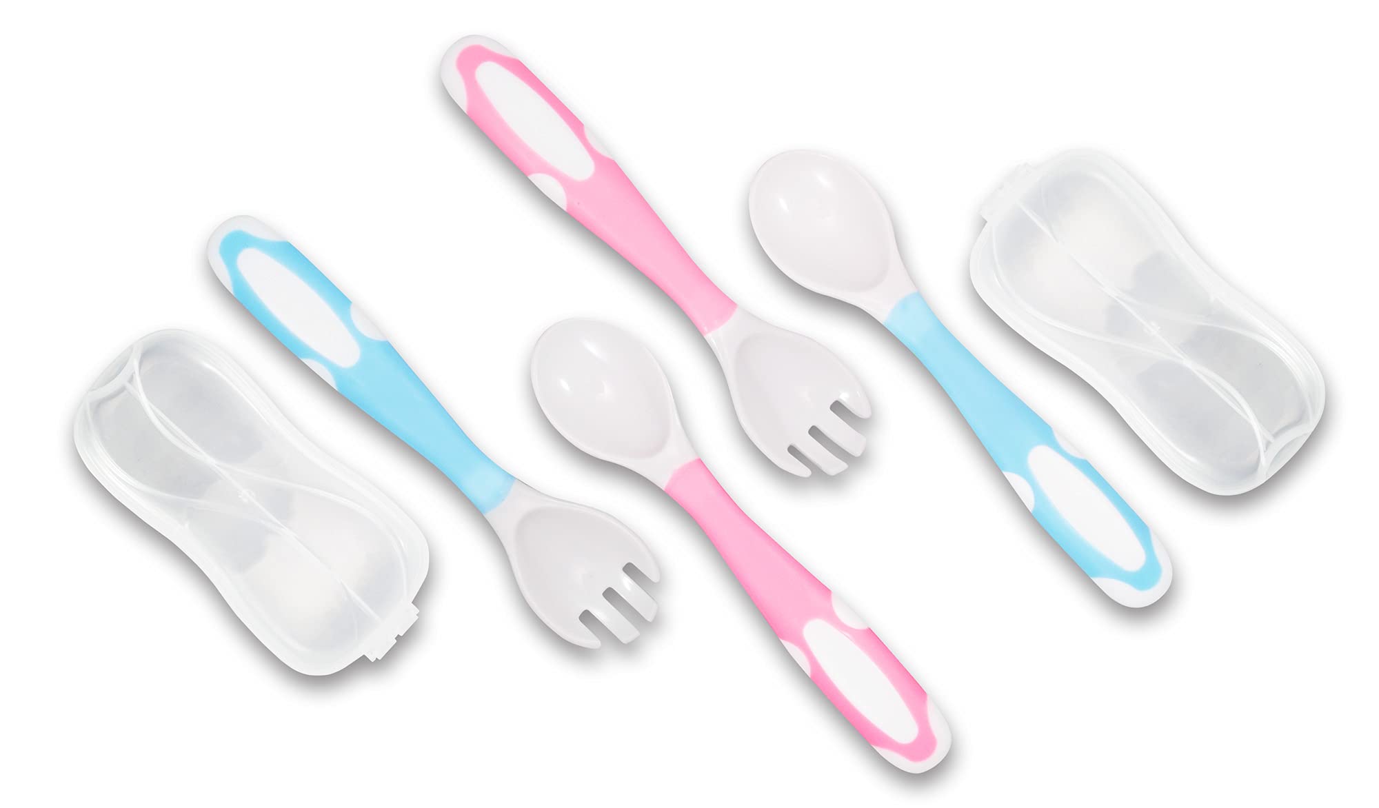 Bendable Baby and Toddler forks and spoons Utensils Silverware Set for Kids, 2 Sets Blue/Pink - Gum Friendly 2 Toddler Spoons an