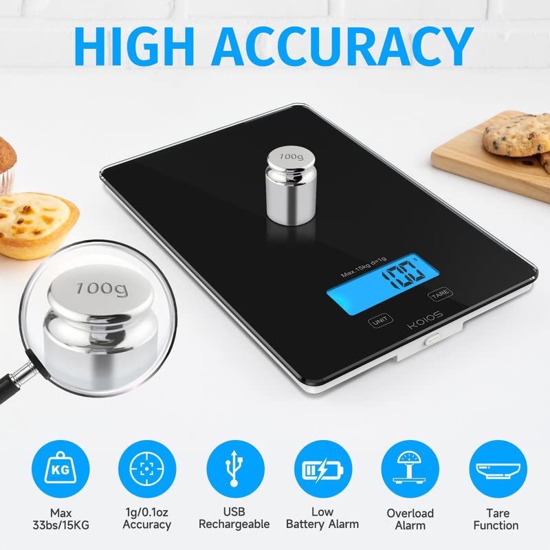 Koios Food Scale, 33Lb/15Kg Digital Kitchen Scale For Food Ounces Grams Cooking Baking, 1G/0.1Oz Precise Graduation, Waterproof
