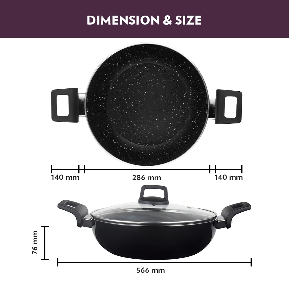 Borosil Granito Non-Stick Kadhai With Glass Lid, Induction Friendly, Granite Finish, Pfoa-Free, 28 Cm Diameter