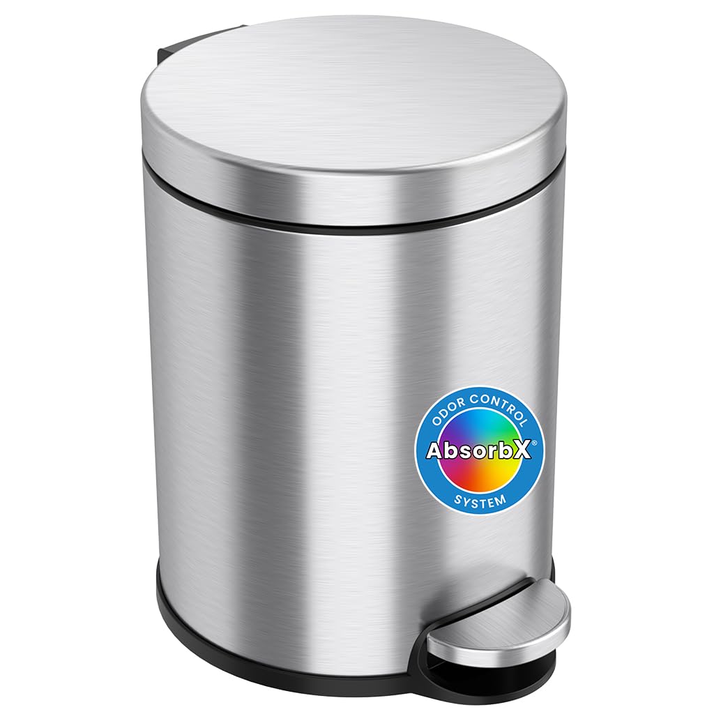 Itouchless Softstep 1.3 Gallon Small Round Bathroom Step Trash Can With Removable Inner Bucket And Absorbx Odor Filter, Stainles