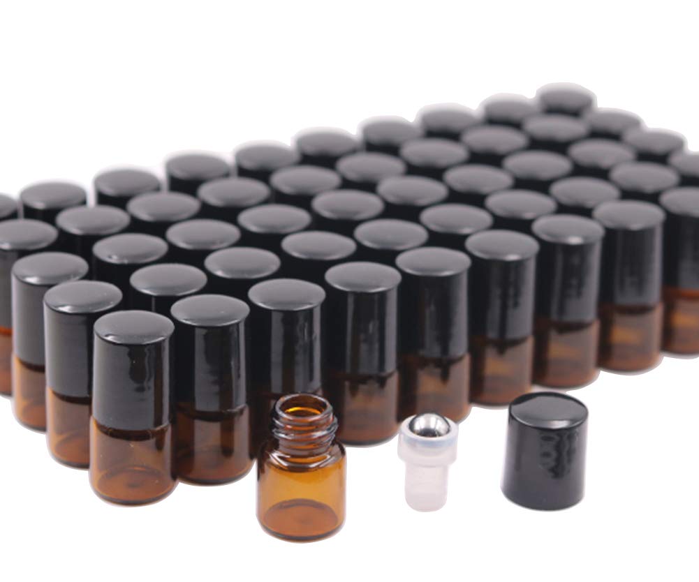 Usrommaner 50 Pack 1Ml Amber Glass Vials Roll On Bottle,Glass Roller Bottle With Stainless Steel Roller Ball,Black Cap Lid-Perfe