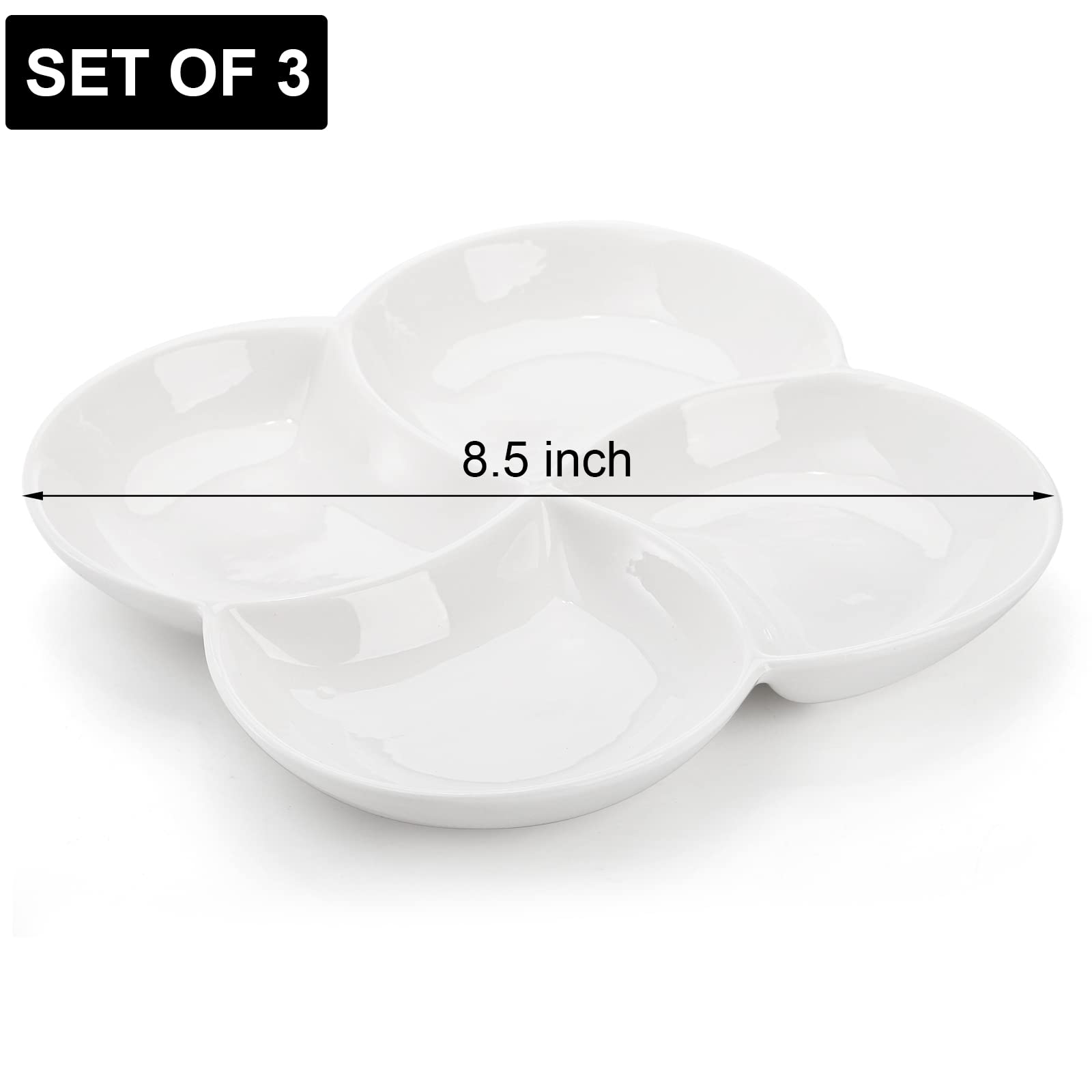 Zenfun Set Of 3 Porcelain Appetizer Platter With 4 Compartment, Flower-Shaped Candy And Nut Serving Tray Snack Serving Plate Dis