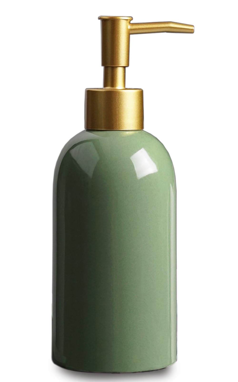 Ceramic Soap Dispenser Green With Gold Pump,Simple Design Cylindrical Lotion Dispenser Bottle,Refillable Liquid Hand Soap Dispen