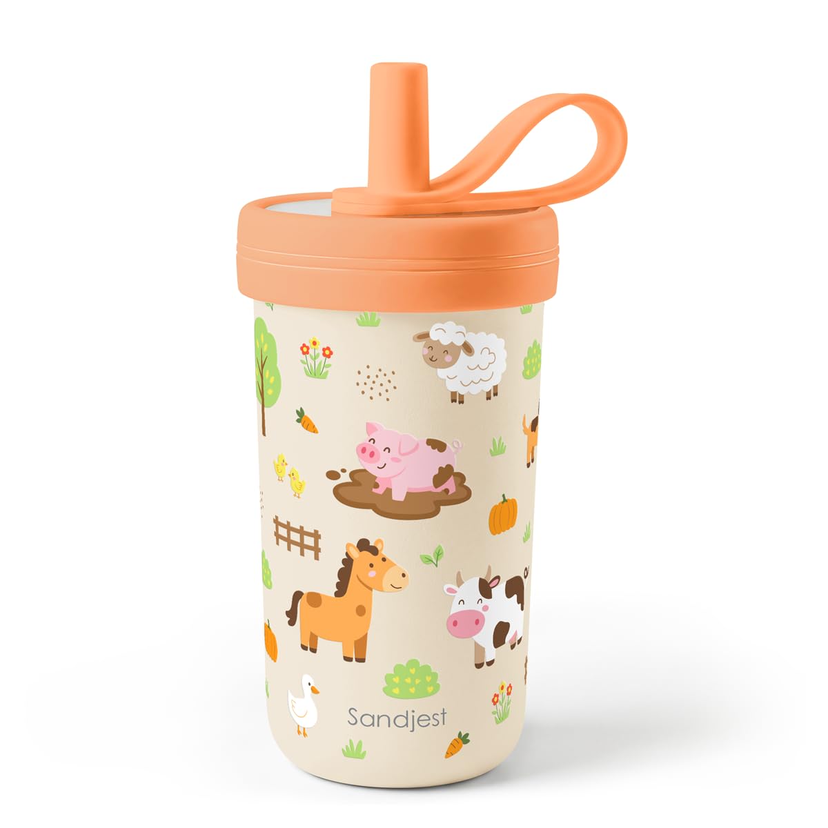 SANDJEST Kids Stainless Steel Tumbler with Silicone Straw 14oz, Farm Animal Insulated Drinking Cup for Children, Girls, Boys for