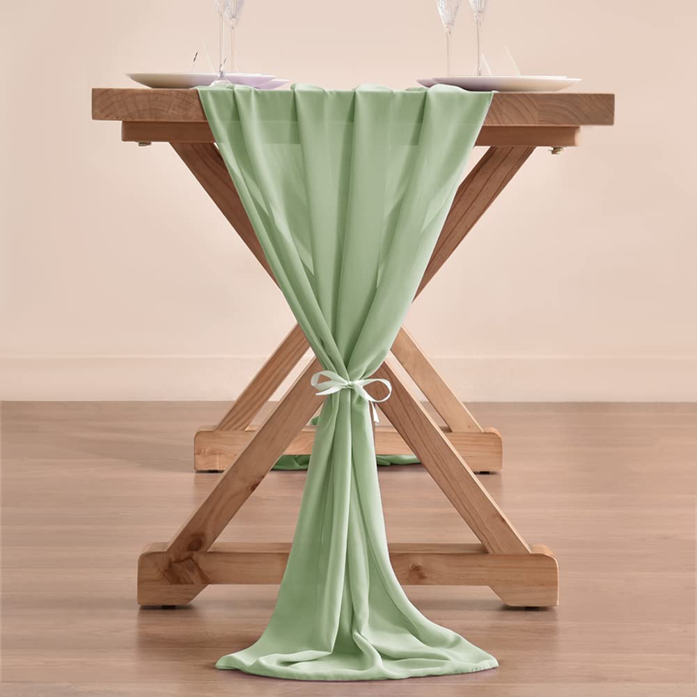 Socomi 10Ft Sage Green Chiffon Table Runner 29X120 Inches Wedding Runner Sheer Thanksgiving Christmas Bridal Shower Decorations