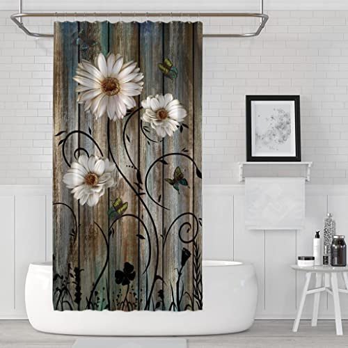 Miffrank Rustic Shower Curtain Set Grey Floral Fabric Bath Curtain 6 Hooks Butterfly Daisy American Country Farm Style 36