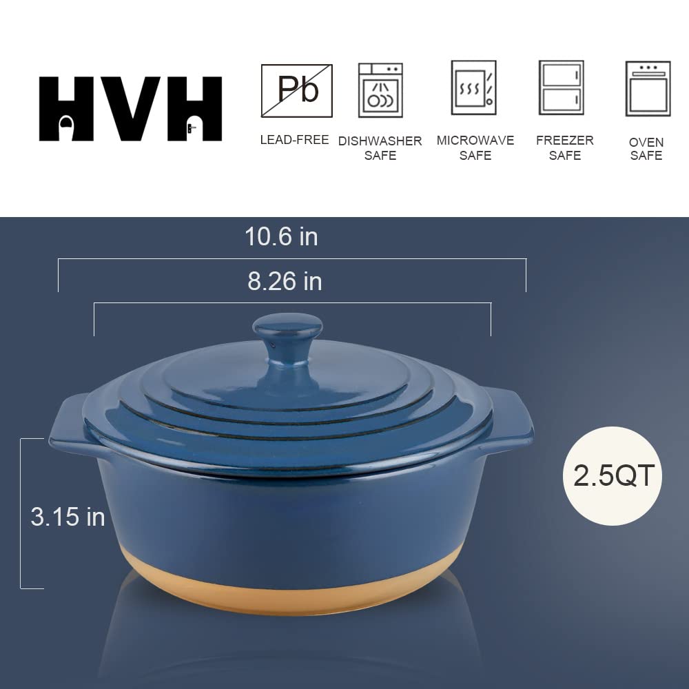 HVH Ceramic Casserole Dish Set, 2 Quart, Oven Safe, 9" Round Baking Dish with Lid, Deep Farmhouse Style, Blue